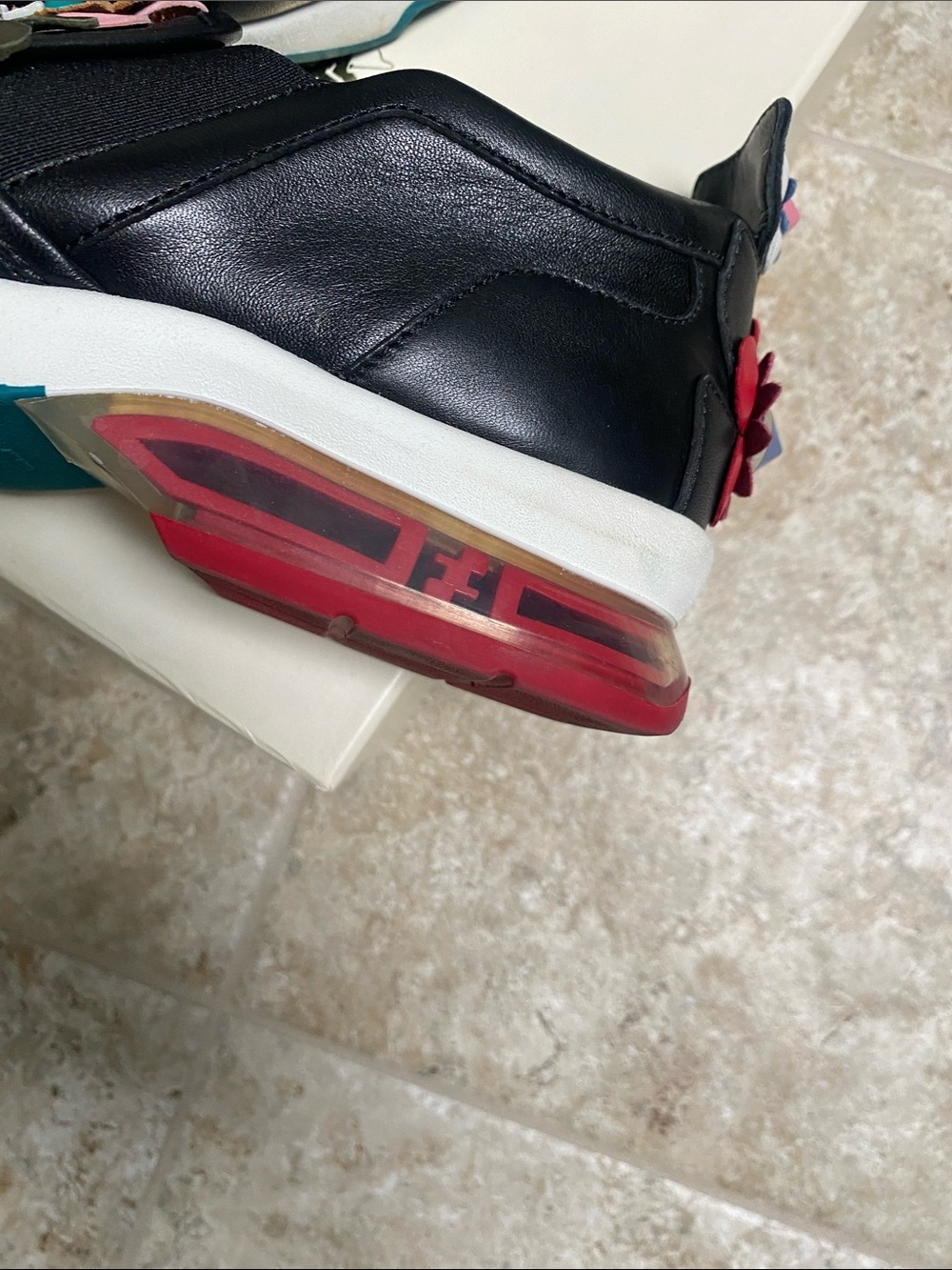 Fendi Black Leather Slip-On Sneakers with Multicolor Floral Appliqués - Picture 5 of 10